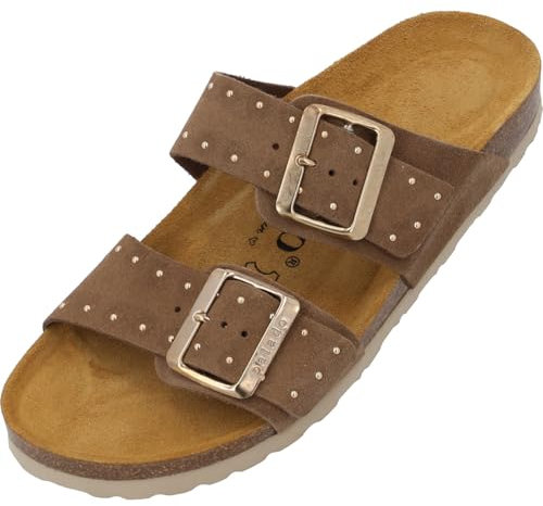 Palado Pantoletten Damen Samos Glint by Sila Sahin - bequeme Sandalen Made in Spain - Hausschuhe mit Kork-Fußbett - modische Sommerschuhe Braun UK5,5 - EU38