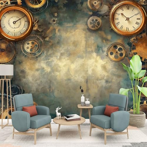Fototapeten Zahnräder und Uhren Steampunk Retro Wandtapete Vlies Wand Tapete Collage-Design 350 x 256 cm - Schlafzimmer Büro Flur Dekoration Wandbilder Moderne Wanddeko Fototapete