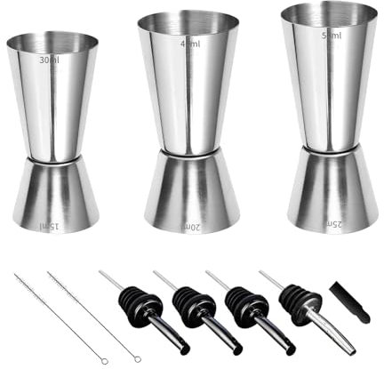 Zythrem 10pcs Jigger de Medida Set 3cl/4cl/5cl Vaso Medidor Con Escalador Con 4 Boquillas de Botella Y 2 Cepillos de Doble Medida Para Bar Coctelera