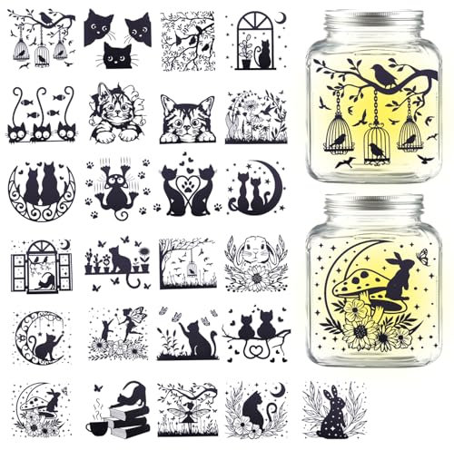 GLOBLELAND 25Pcs Cat Animal Silhouette Adhesive Lantern Stickers Rabbit Flower Fairy Plastic PVC Wall Decals Stickers Adhesive Waterproof Lantern Jar Stickers Window Lamp Decals Glass Art Home Decor