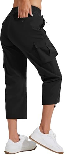 Pioneer Camp Caprihose Damen 3/4 Sommerhose Leicht Casual Wanderhose Comfy Elastischer Bund Outdoor Hosen mit 6 Taschen Schwarz L