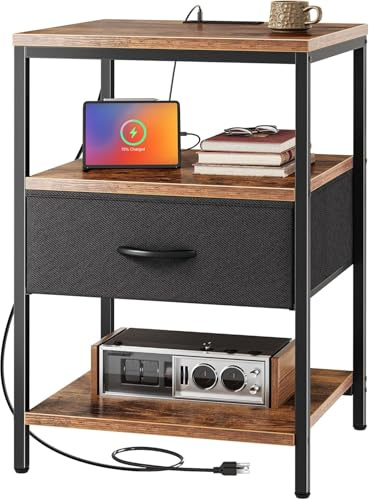 Duffy Side Table with Charging Station, Narrow Bedside Table with 2 Sockets and 2 USB Ports, 3-Tier Nightstand with Drawer, Slim Sofa Tables End Tables, Rustic Brown and Black