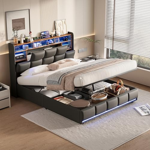 BHFFTHK Polsterbett Doppelbett 140x200 mit LED & USB, Hydraulisches Stauraumbett mit Kopfteil, Bettgestell 140x200 mit Stauraum Bettkasten & Lattenrost, PU-Leder, Schwarz, Ohne Matratze