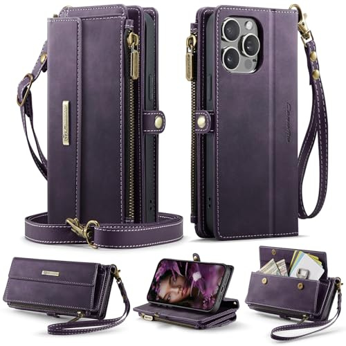 FONREST Compatible with iPhone-15-Pro Crossbody Purse Bag Case, Magnetic Flip Flap PU Leather Wallet Cover w/Kickstand 9 RFID Blocking Card Holders Zip Pocket Lanyard Wrist Strap (Purple)