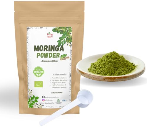 Pecky Juicy Poudre de moringa 100 % pure 180 g avec cuillère de 5 g gratuite – Poudre botanique pure pour la beauté, le bien-être, les masques capillaires et l'utilisation à base de plantes