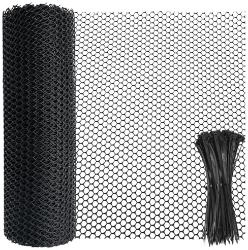 Tking Plastic Chicken Wire Mesh Roll, Black, 40cm x 12m, Crop as you wish | 50 Fixed Straps, Plastic Mesh Fencing, Reusable Strong Wire Fencing, Poultry Breeding Netting, Garden Balcony Mesh Fencing