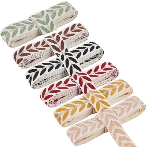 CABODYALS 6 Rolle 16.45 m 25mm Besticktes Jacquard Blattband Mehrfarbig Blättermuster Bänder Flaches Gurtband Polyester Stoffbesatz Zum Nähen Herstellen von Taschen Gürteln Zubehör DIY Bastelbedarf
