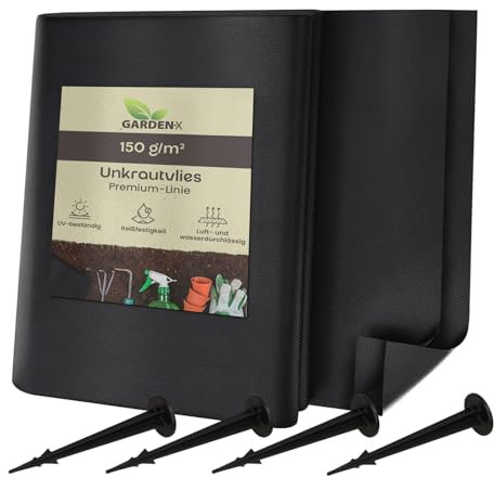 GARDENIX Toile anti-mauvaises herbes 10 m² avec 100 piquets - 1 m x 10 m - Perméable à l'eau - 150 g/m² - Noir - Film résistant aux UV - Pour plate-bande surélevée - Film anti-mauvaises herbes - Bâche