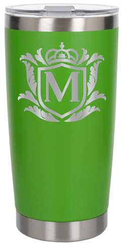 Customised Gifts 500ml Engraved Shield Initial Monogram Insulated Personalised Green Travel Mug for Men and Women - Personalised Initial Coffee Travel Mug for Hot and Cold Beverages, Letter M