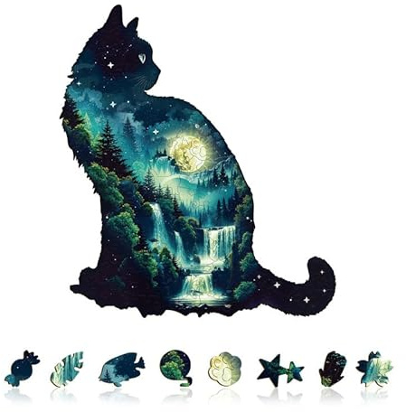 Jigfoxy Wooden Puzzles for Adults, 170-Piece Black Cat World Jigsaw Puzzle | Unique Animal-Shaped Jigsaw Puzzle for Adults and Teens, Creative Gift with Premium Wooden Box,13.4 * 11.8in