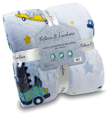 Victorio & Lucchino – Manta Infantil de Sedalina Estampada con Reverso de Sherpa a Contratono | Suave, Cálida y Ligera | Estampados Infantiles | Tamaño 130x160 cm (VL-80531-DINOS)