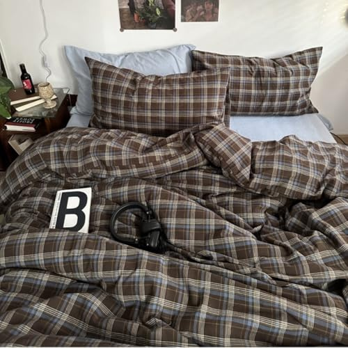Tospass Kariert Bettwäsche 200x200cm Braun Bleu Karomuster Bettbezug Vintage Gitter Geometrisch ÖKO-TEX Bettwäsche Set Weiche Microfaser Deckenbezug mit Reißverschluss und 2 Kissenbezug 80x80cm