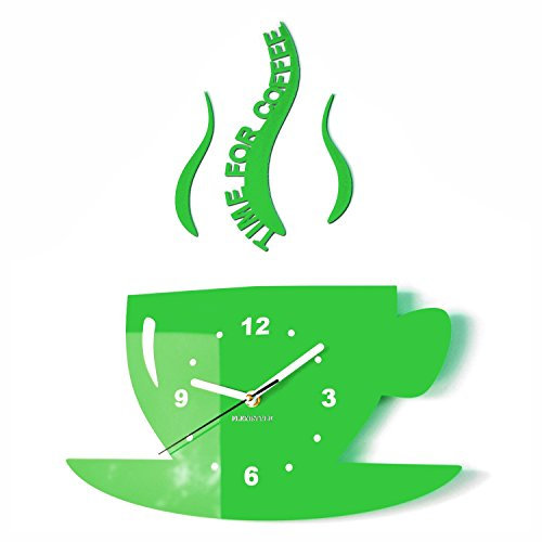 FLEXISTYLE Tasse Time for Coffee (Zeit für Kaffee) Moderne Küche Wanduhr grün, 3D römisch, wanduhr deko, 32 x 19 cm