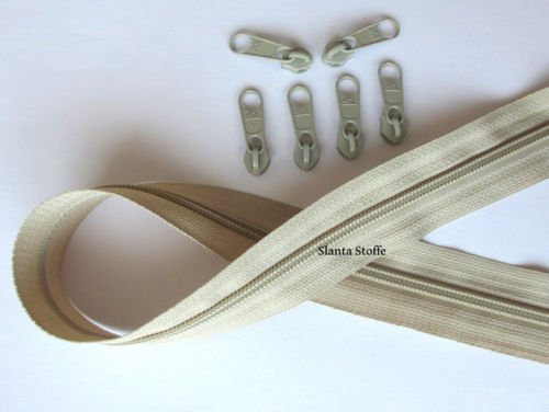5m Reißverschluss endlos, Spirale 5mm + 10 Schieber/Zipper 27 Farben, Meterware (Beige)