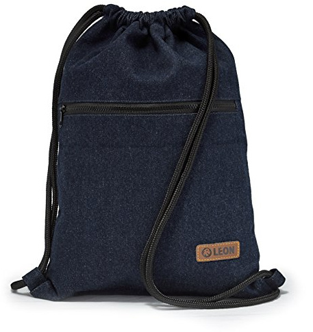 By Bers LEON Turnbeutel, große Reißverschluss Außentasche, Innentaschen Innenfutter Rucksack Tasche Damen Männer Hipster Beutel Veganes Leder Gym Bag Draw String (bluejeans_Zipper)