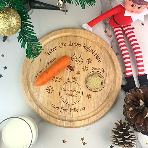 eBuyGB Personalised Xmas Eve Plate, Father Christmas Refuel Here, Mince Pie for Santa, Carrot for Rudolph & Reindeers, Wooden Treat Board Snack Tray