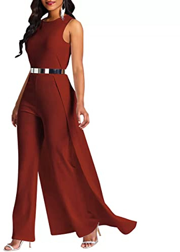 VERWIN Lappverk Överlägg Utsmyckad Enkel Dam Jumpsuit Hög Midja Dam Sparkdräkt, Brun, XXL