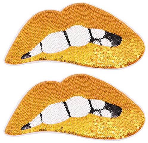Tiardey 2 gro?e Mund-Patches zum Aufbügeln oder Aufn?Hen von Lippen-Pailletten-Patches,bestickte Pailletten,Lippen,Punk-Patches für Kleidung,Jeans,T-Shirt,DIY-Motivapplikation–Gold