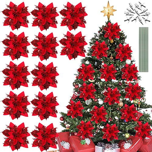 KLYNGTSK 12 PCS Fleurs de Poinsettia pour Sapin de Noël Rouge Fleurs Artificielles Deco avec 12 Tiges et 12 Clips pour Mariage Table Guirlande Fête