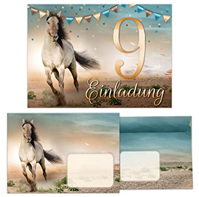 Junapack 12 Einladungskarten incl. 12 Umschläge zum 9. Kindergeburtstag neunte Geburtstag Mädchen Pferd