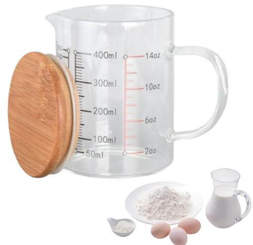 Glass Measuring Jug, 14 Oz 400ml Glass Measuring Cup Glasses Beaker Mug with Airtight Lid Graduated with Ergonomic Handle for Kitchen or Restaurant (M)
