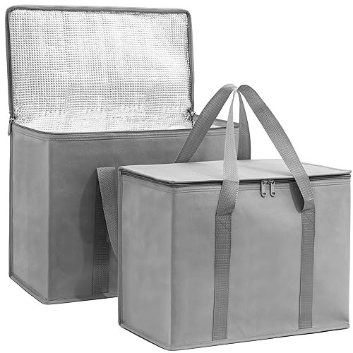 Isolierte Einkaufstasche (Nicht in China hergestellt), Wiederverwendbare Einkaufstasche, wärmeisoliert, Catering, Pizza, Picknick, Strand, Pool, grau, 2 Pack, XL isoliert