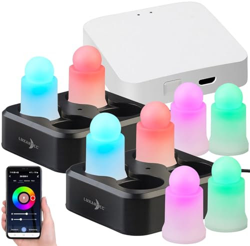Lunartec LED Partylichter: 8er-Set wetterfeste LED-RGBWW-Kerzen mit Akku, Ladeschale, Gateway (Farbwechselkerze, WLAN-Kerze, Tablet Halter)