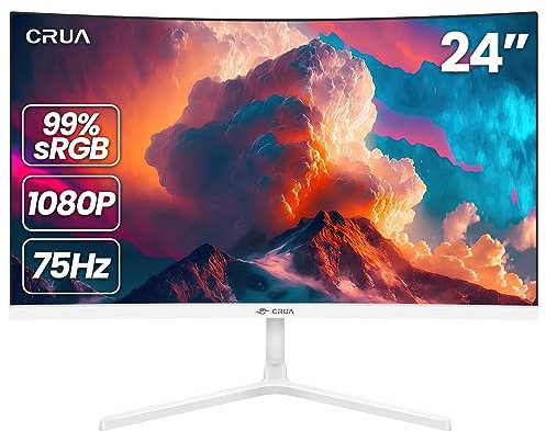 CRUA 24 Inch White Monitor, FHD(1920×1080p) 75Hz 99% sRGB Computer Monitor, LED Filter Blue Light 178° Wide Viewing Angle Curved .for Home, Office and Dormitory(HDMI, VGA)-White