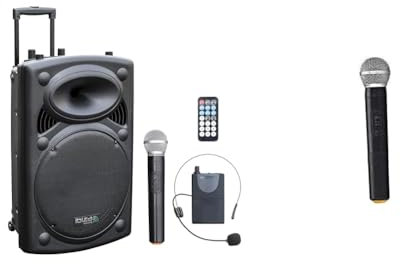 Ibiza - PORT15VHF-BT - Enceinte Portable 15/800W Max avec 2 micros (VHF), télécommande & PORTHAND12 - Micro Main sans Fil VHF 207,5MHz pour Le PORT8VHF-BT, PORT10VHF-BT