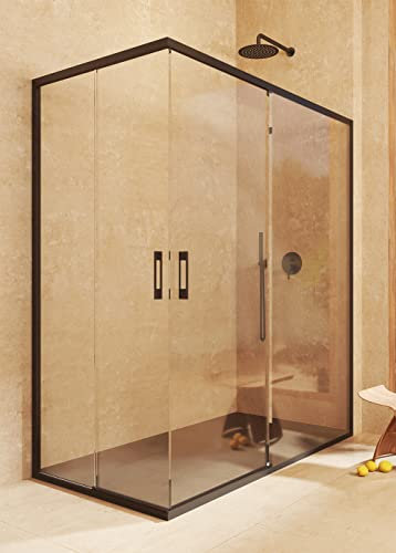 SOULBATH Mampara Angular 2 correderas + 2 fijos, sin Perfil Inferior, Fácil instalación Reversible Vidrio de Seguridad 6mm antical, 137,5-140 x 77,5-80 cm Ancho Adaptable - H= 195cm, Negro Mate