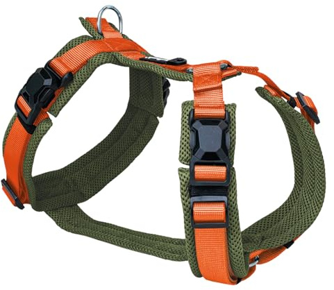Petlando Hundegeschirr Magnetech Y-Comfort – Innovative Magnetschnalle, atmungsaktiv, mit Mesh gepolstert, stufenlos verstellbar – Olive/orange S (Halsumfang 34-62cm, Brustumfang 44-60cm)