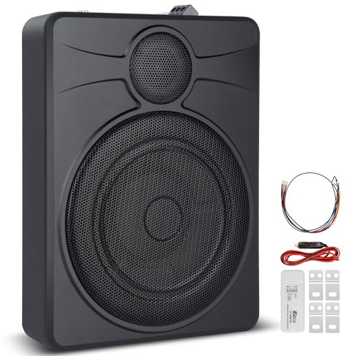 soosecos 10 Slim Under Seat Powered Car Subwoofer, Car/Truck Audio Sub Built in Amplifier amp Combo, Simple Installation(Subwoofer + Mounting Wire Kit)