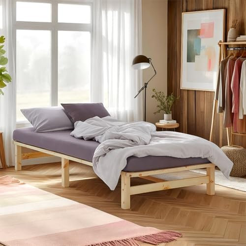 Homestyle4u Holzbett 90x200 Palettenbett mit Matratze Lattenrost Massivholzbett Bett Bettgestell Kiefer Natur Einzelbett