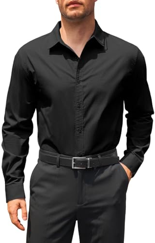 Runcati Camicia da uomo a maniche lunghe, Regular Fit, camicia da lavoro, tinta unita, cotone, camicie casual, formale, button down con bottoni, Nero , L