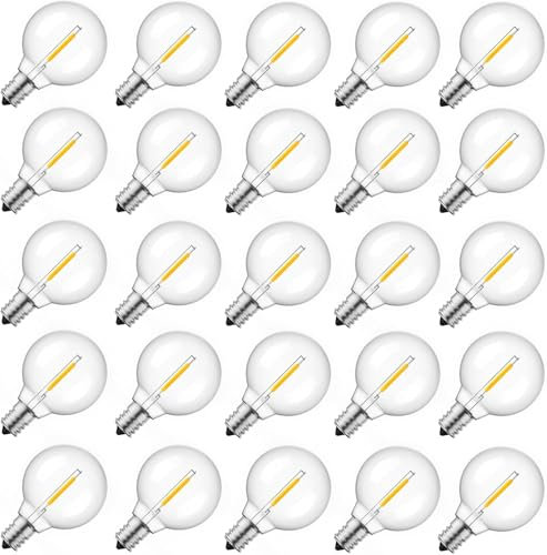 25 Stück E12 G40 1W LED Lampen, Ersatz 7W Glühbirnen Außen, 2700K Warmweiß, AC220-240V, G40 Globe Klar, Kunststoff Birne, Außenleuchten für Außen-Lichterketten, Camping, Straßen, Party (G40)