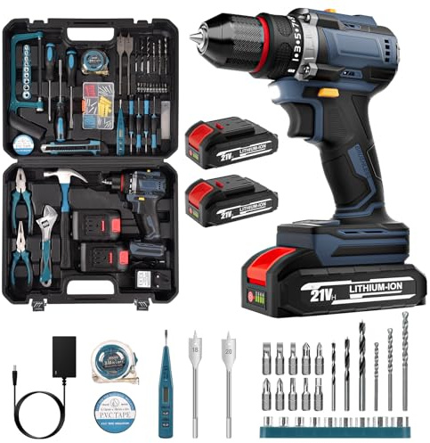 Napasa 118PCS Cordless Drill Set 21V, 65N.m Max Electric Screwdriver Set with 4000mAh Batteries, 25+1 Torque Cordless Hammer Drill, 2 Variable Speed, LED Work Light, Home and Garden DIY Project Kit