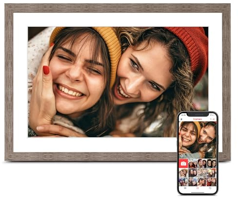 Frameo 10,1 tum digital bildram, digital fotoram WiFi, 32 GB minne, elektrisk bildspelsram, 1280 x 800 HD pekskärm, väggmonterbar, dela direkt, mammagåvor, greige