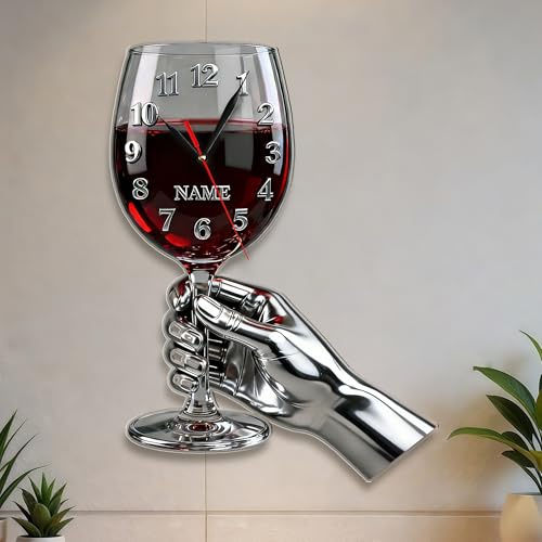 Personalized Wine Cup Wall Clock, Custom Name Wine Cup Wall Clock, Wine Themed Acrylic 2D Wall Art Decoration for Bar Bedroom Living Room Studio, Christmas Anniversary Birthday Gifts for Men Women