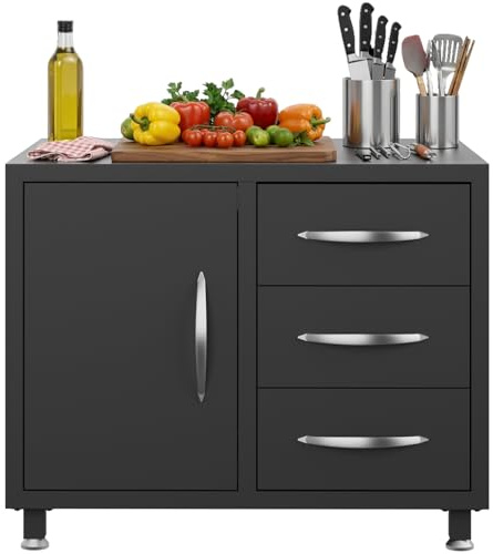 DSNAPE Outdoor Küchentisch mit Schubladen, Wetterfest für Outdoor Küche | Outdoor Küche Schrank mit Tür, Wetterfest für Plancha Grill, Modulares Design, Schwarz