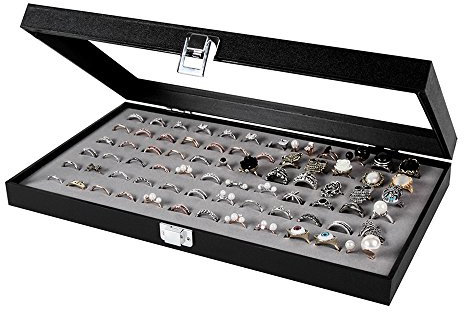 JackCubeDesign Jewellery Ring Display Organiser Storage Box Case Tray Holder with 72 Slot Ring Display(Black, Inside Gray Velvet, 37.3 x 21 x 5 cm)- :MK248C