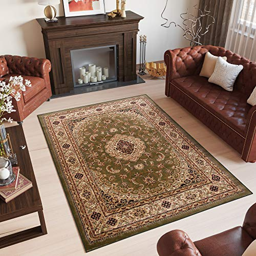TAPISO Yesemek Klassisch Teppich Kurzflor Wohnzimmer Orientalisch Ziegler Floral Medaillon Muster Bordüre Grün Beige Barock Design ÖKOTEX 300 x 400 cm