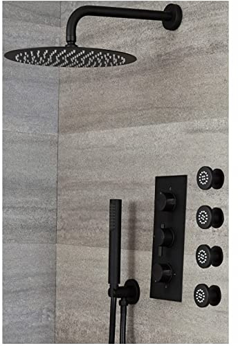 MILANO Thermostatic Mixer Valve 300mm Shower Head Handset Body Jets Black