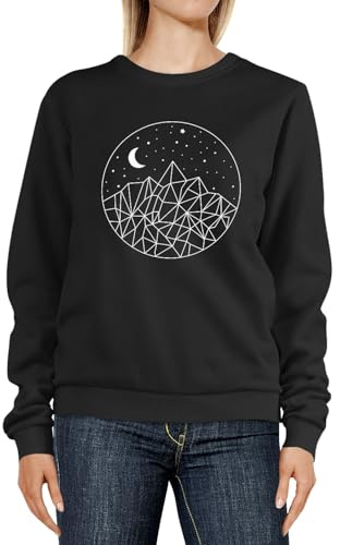Neverless® Sweatshirt Damen Print Berge und Sterne Polygon Design Rundhals-Pullover Pulli Sweater Schwarz M