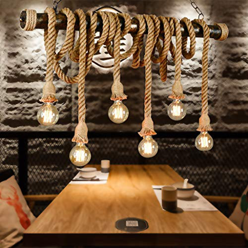 YZSJ E27 Corde De Chanvre Lampe Suspension Vintage Rétro Lumière Industriel De Fer Antique Lustre Au Plafond Réglable en Hauteur Tissé À La Main Bar Cuisine Salle À Manger Pendentif Luminaire