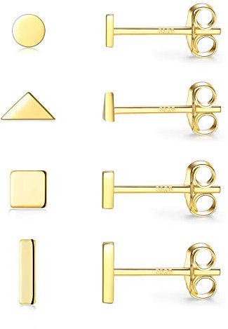 Damen Ohrringe Silber 925, 4 Paar Klein Ohrstecker Set für Damen Herren | Kreis Quadrat Dreieck Stab Ohrstecker 14K Gold Set Schmuck Geschenk