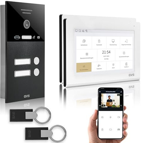 GVS - IP Video Türsprechanlage 2-Familienhaus mit Türöffner (RFID), HD Kamera, 2x7 Zoll Monitor & App - Smarte Video Türklingel mit Kamera & Gegensprechanlage (AVS4466U)