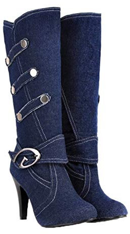 Stivali di Jeans da Donna Inverno Confortevole Antiscivolo Festa di Nozze Scarpe con Tacco Alto Stivali Lunghi da Donna Caldi con Fibbia Casual