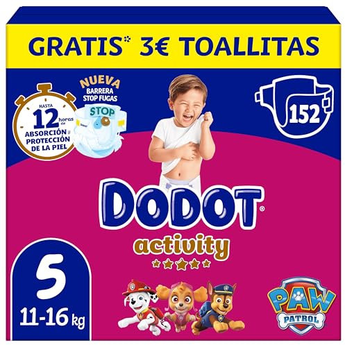 Dodot Pañales Bebé Activity, Talla 5 (11-16 kg), 152 Pañales, Hasta 12h de Protección Antifugas y Ajuste, Pack Mensual