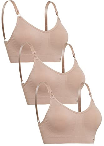 Channo Damen Sport-BH ohne Bügel aus Nylon: Nahtloser, Gepolsterter BH mit Herausnehmbaren Pads – Für Fitness & Alltag - Packung mit 3, Nerz, S/M