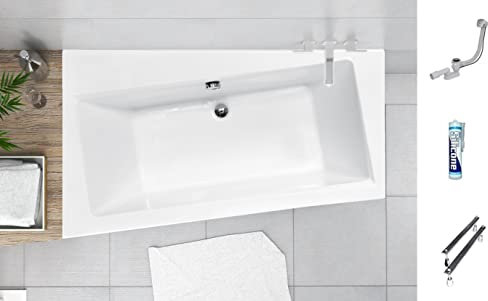 ECOLAM® Badewanne Infinity Trapezwanne Eckwanne für Zwei Personen mit Abfluss mittig 160x100 cm LINKS Ab- und Überlauf Automatik Füße Silikon SET